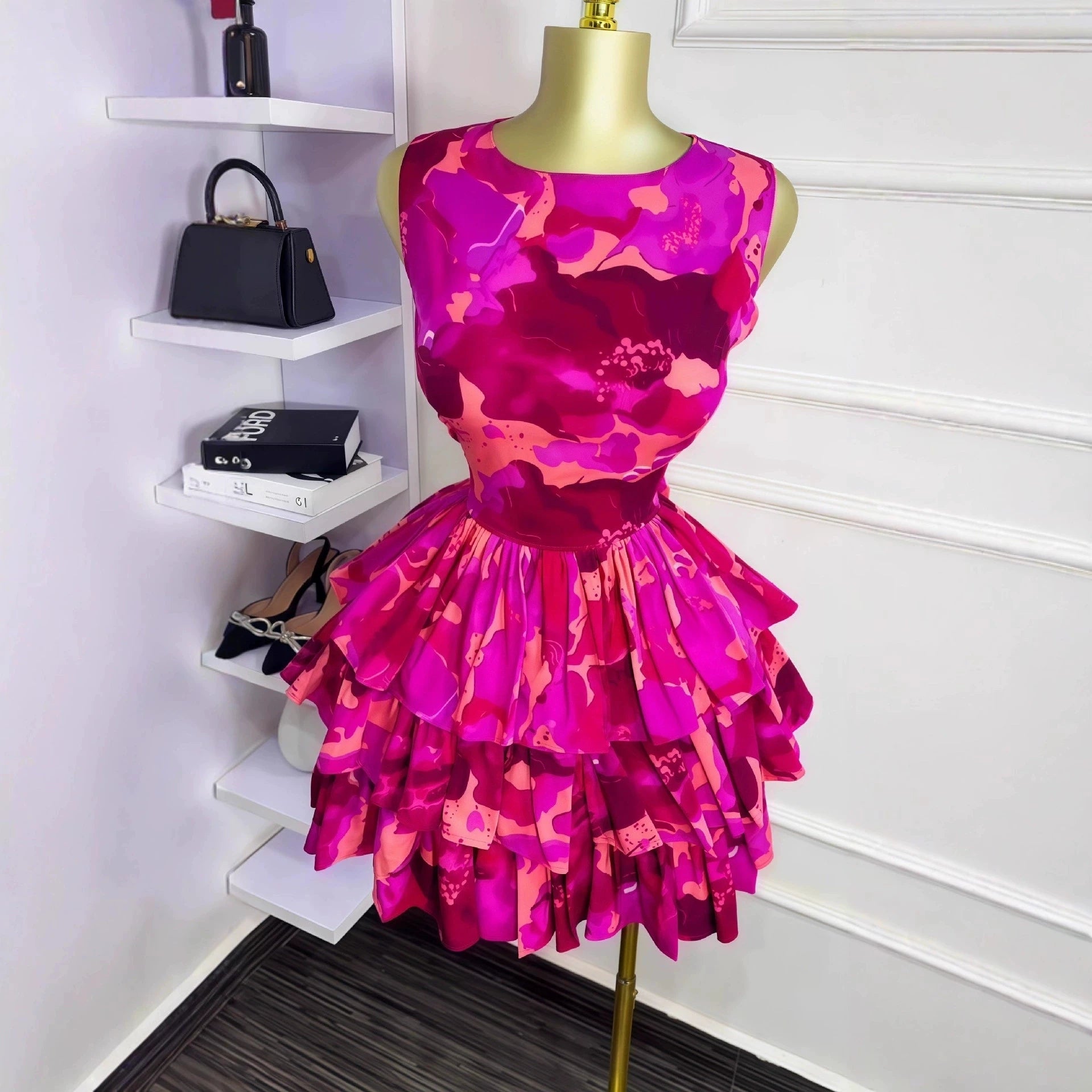 2026Elegant Women Ruffles Sexy Mini Dress Fashion Floral Print Chiffon Short Skirt Long Sleeve V Neck Hollow Out Low Cut Dresses
