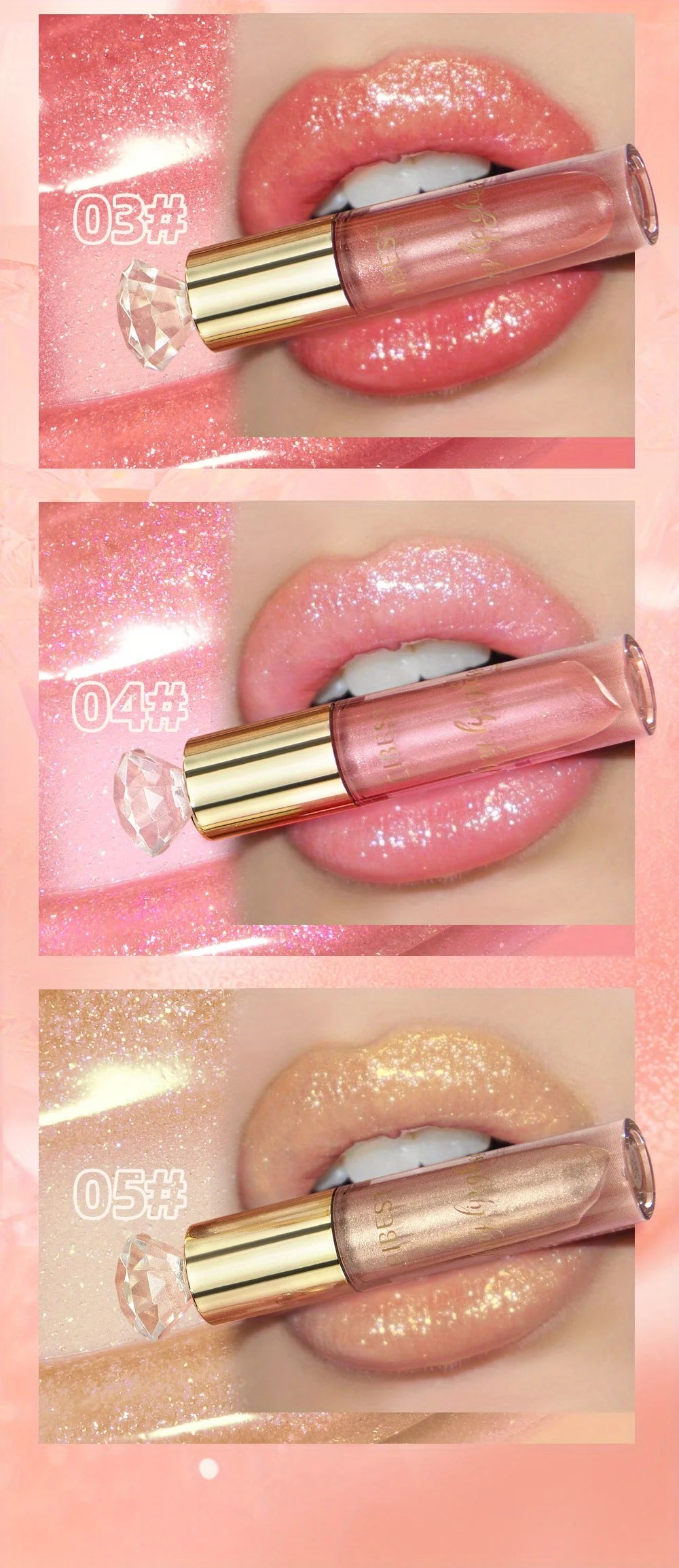 Shiny lip gloss, sparkling crystal, water-permeable and long-lasting color rendering, light and rich