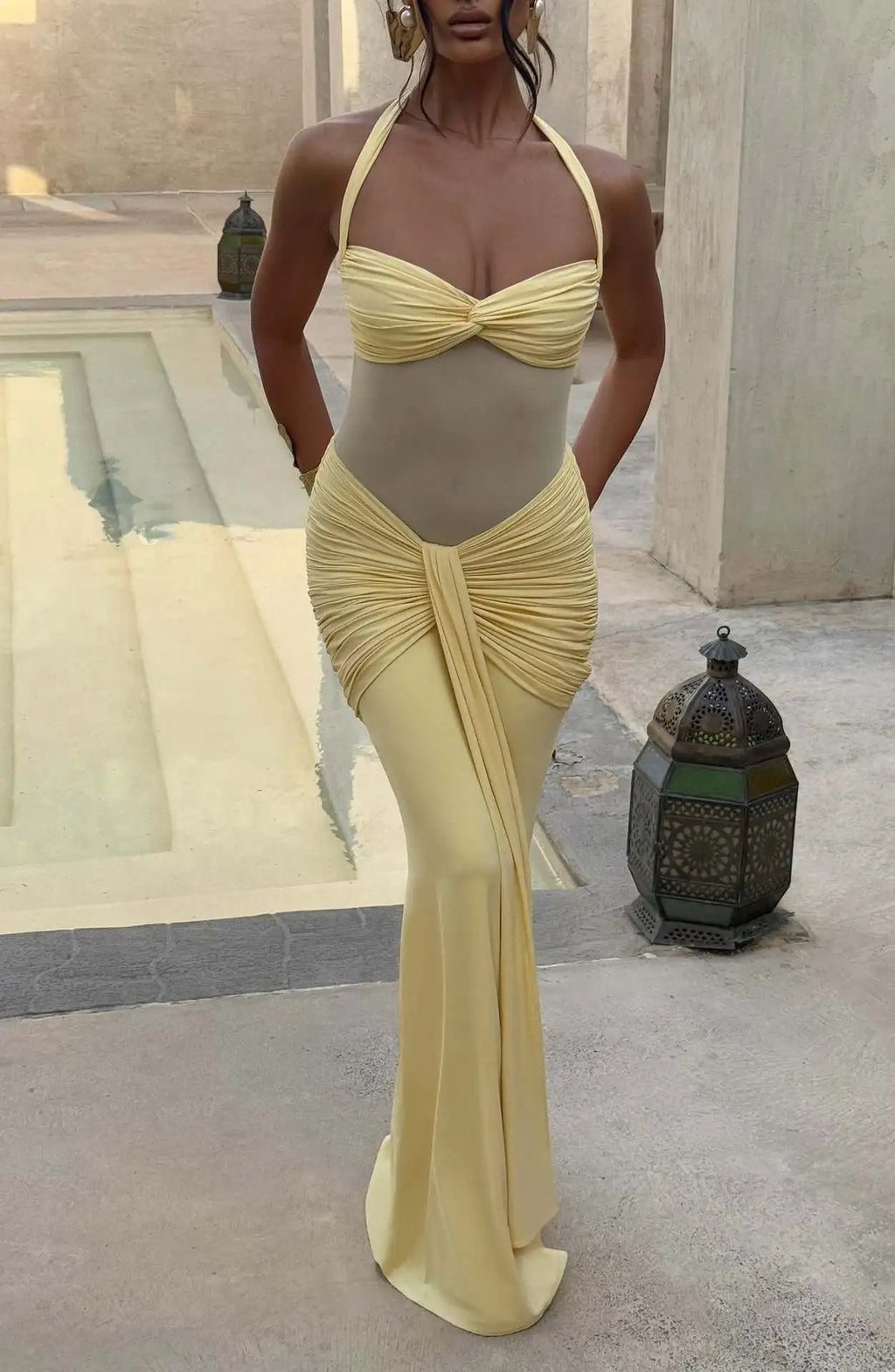 Suninheart Draped Maxi Evening Dress Women Elegant Halter Prom Dresses Wine Formal Occasions Backless Dress Sexy