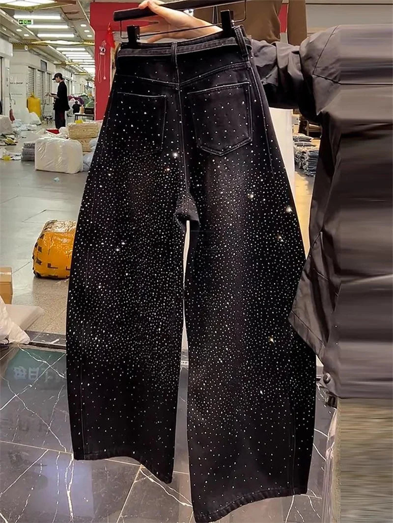 Korean Loose Women Denim Pants 2026 New Autumn Winter Retro Hot Diamond Long Cowboy Trousers Ladies Casual Streetwear Jeans