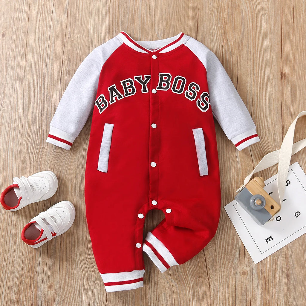 Cute Personalized Baby Boy Jumpsuit Fashionable Letter Print Long Sleeved Round Neck Comfortable Clothing for Infants