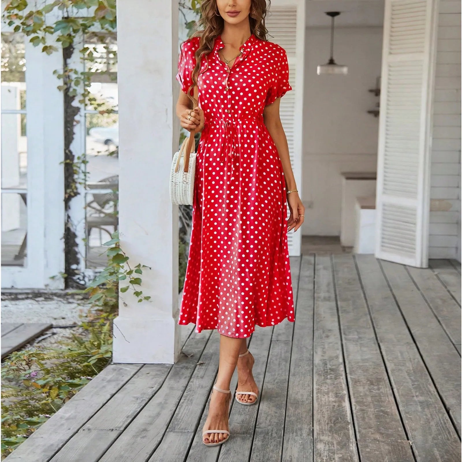 Elegant retro polka dot dress Women's Summer Midi Dress V Neck Single Breasted Short Sleeve Dresses Fashion Print Dress