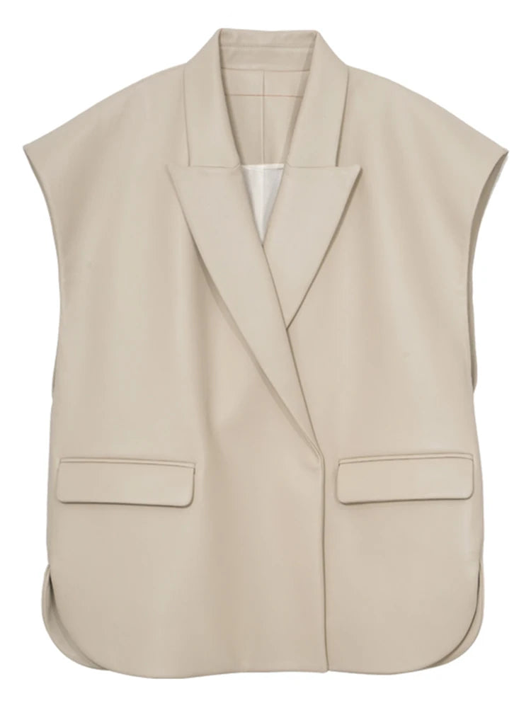 Lautaro-Women's Light Soft Faux Leather Vest, Lapel, Elegant, Luxury, Designer, Sleeveless Jacket, Spring, Autumn Fashion, Black