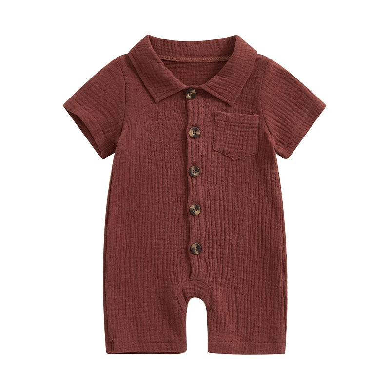 Summer Baby Clothing Newborn Infant Baby Boys Rompers Cotton Linen Solid Color Short Sleeve Lapel Jumpsuit Outfits