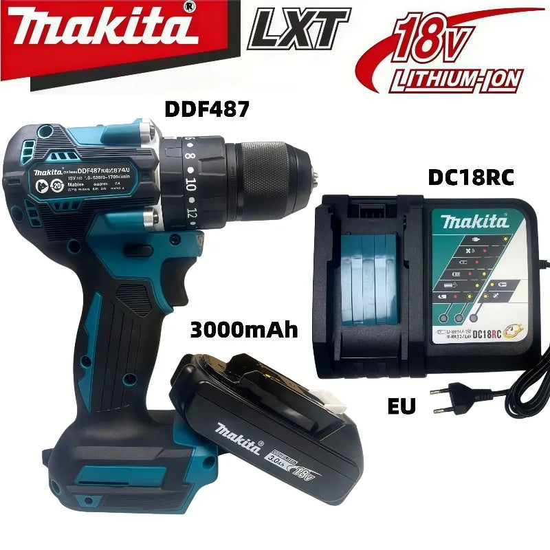 Makita DDF487 10mm Brushless 18V 3.0Ah Li-ion Cordless Drill, High Torque Electric Screwdriver With Makita 18V Battery