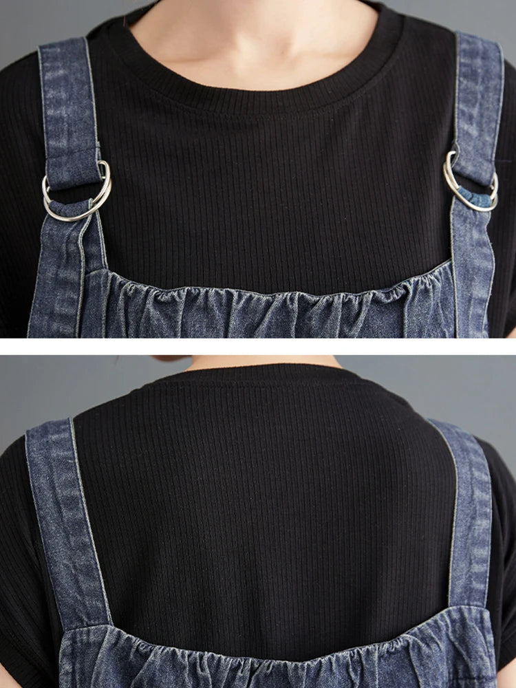 359 Spring Summer New Women Denim Suspender Long Skirt Loose Casual Punk Vintage Style Cargo Female Popular Large Swing Dress