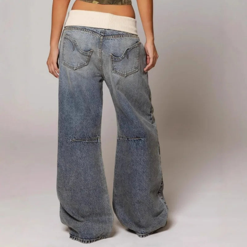 UNITIM Women Denim Pant American Streetwear Patchwork Lady Straight-leg Pant Loose Washed Distressed Female Casual Trousers