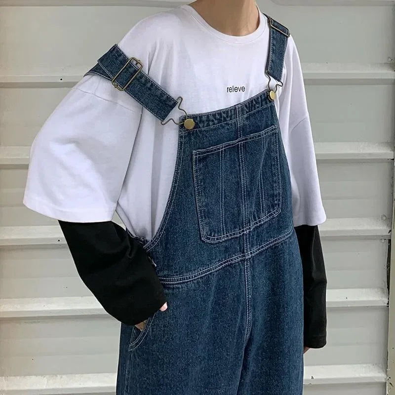Korean Loose Denim Overalls Women Spring Autumn Straight Wide Leg Jeans Vintage Suspenders Maxi Baggy Jumpsuits Men Woman S-5XL