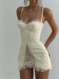Women White Lace Trim Corset Mini Dress Sexy Sweetheart Neck Spaghetti Strap Slit Hem 2026 Summer Leisure Nightclub Party Wear