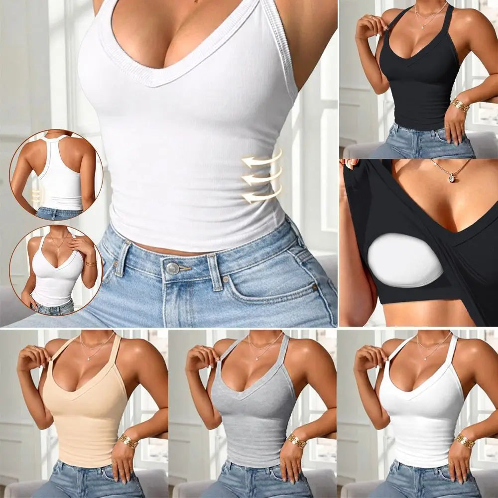 Creative Solid Color Women Vest Built in Bra V-neck Design Lady Tanks Top Soft Comfortable Slimming Camis Vest Four Seasons