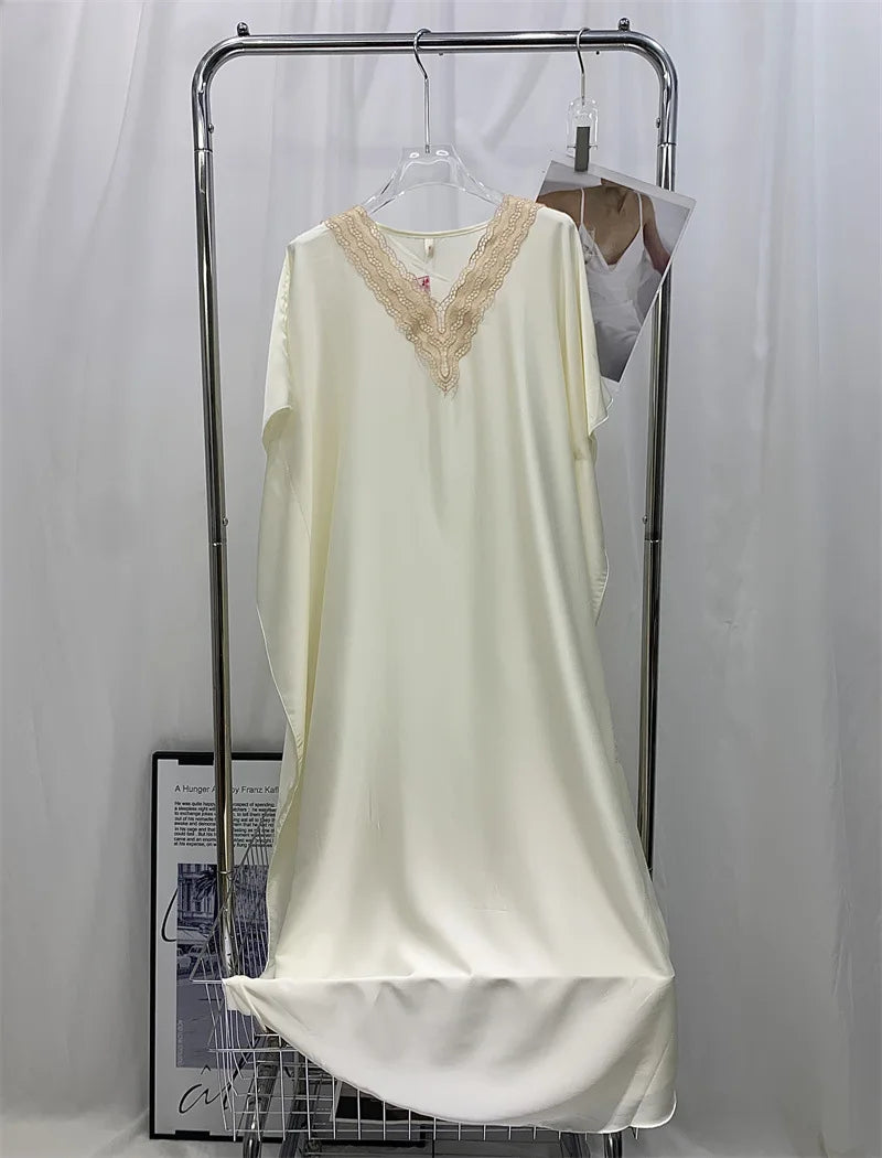 Sexy Lace V Neck Nightdress Women Night Dress Summer Short Sleeve Satin Sleepwear Loose Silky Long Nightgowns Overized