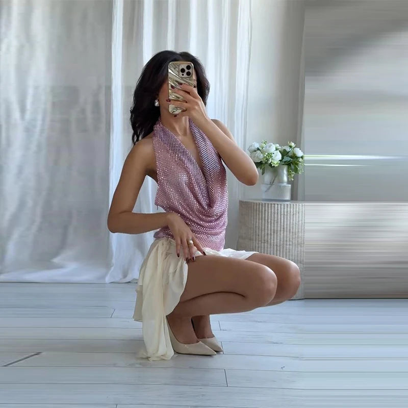 Sexy Diamond Halter Dress Women Shinny Sleeveless Backless V-neck Slim A-line Dresses Female 2026 Spring Summer Party Lady Robes