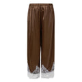 Maemukilabe Women Satin Wide Leg Pants Elastic High Waist Lace Hem Loose Trousers Elegant Vacation Beach Casual Streetwear Pants