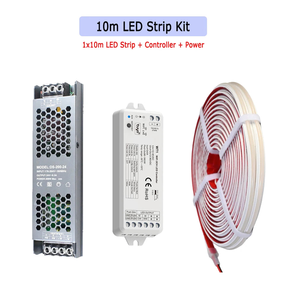 10m 20m Waterproof IP67 Tuya WiFi COB LED Strip 24V Dimmable Room Outdoor Light Warm White Touch Remote for Alexa Home Assistant