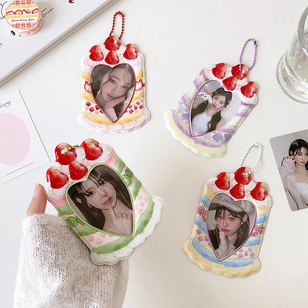 Fashion Cartoon Strawberry Cake Bag Pendant 3-Inch Card Holder Cute Girls Idol Photo Storage Card Bag Decoration Keychain Gifts