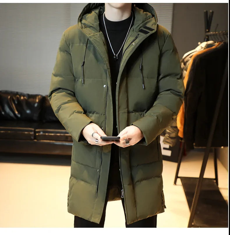 2023 Warm Hooded Mid-length Jacket Mens Casual Zip Up Cotton Padded Jacket Overcoat Autumn Winter Windbreaker Coats Men Clothing