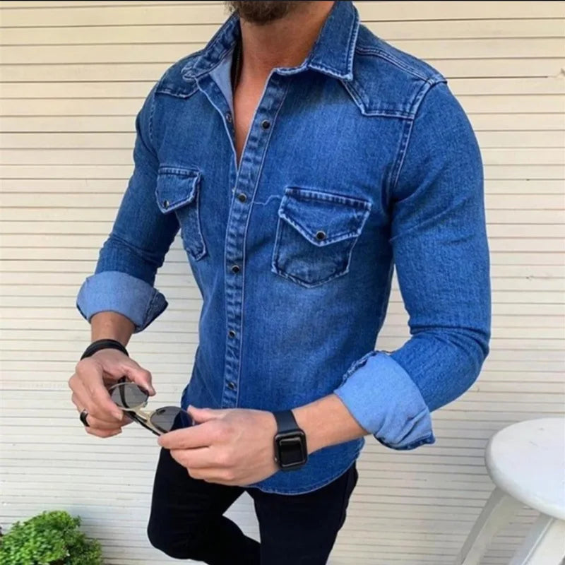 Denim Shirt Men Long Sleeve Washed Spring Summer Jean Tops