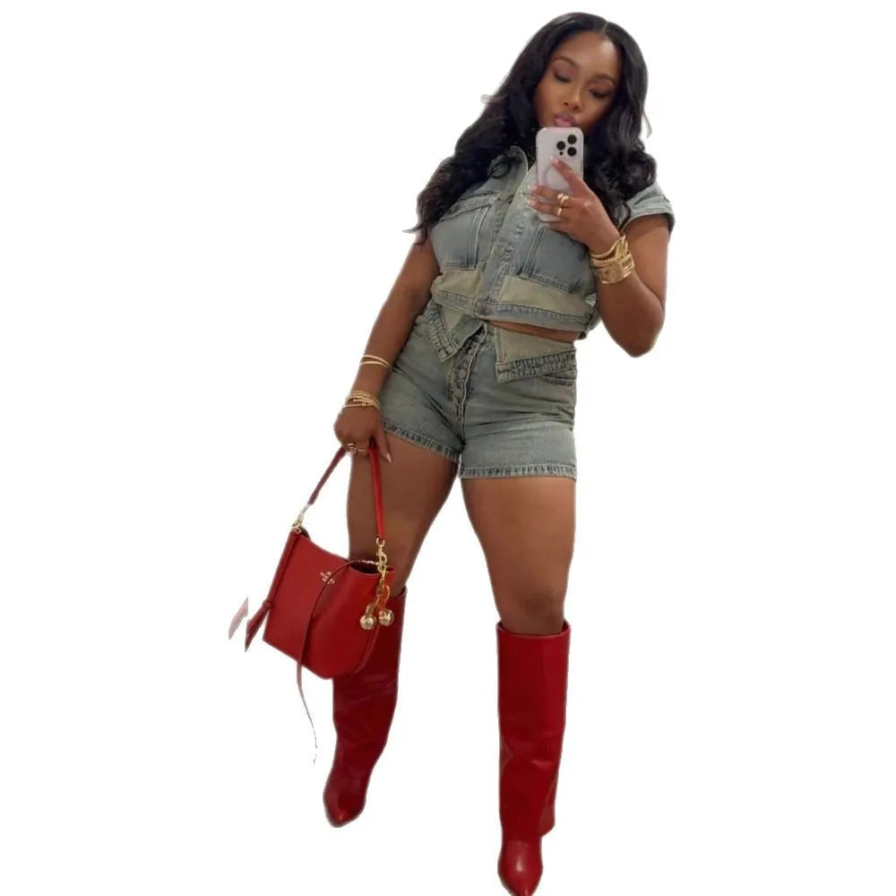 Shorts Sets Women Denim 2 Piece Suit Top Jeans Ensemble Summer 2025 Single Breasted Turn Down Collar Short Pants Vintage Outfits