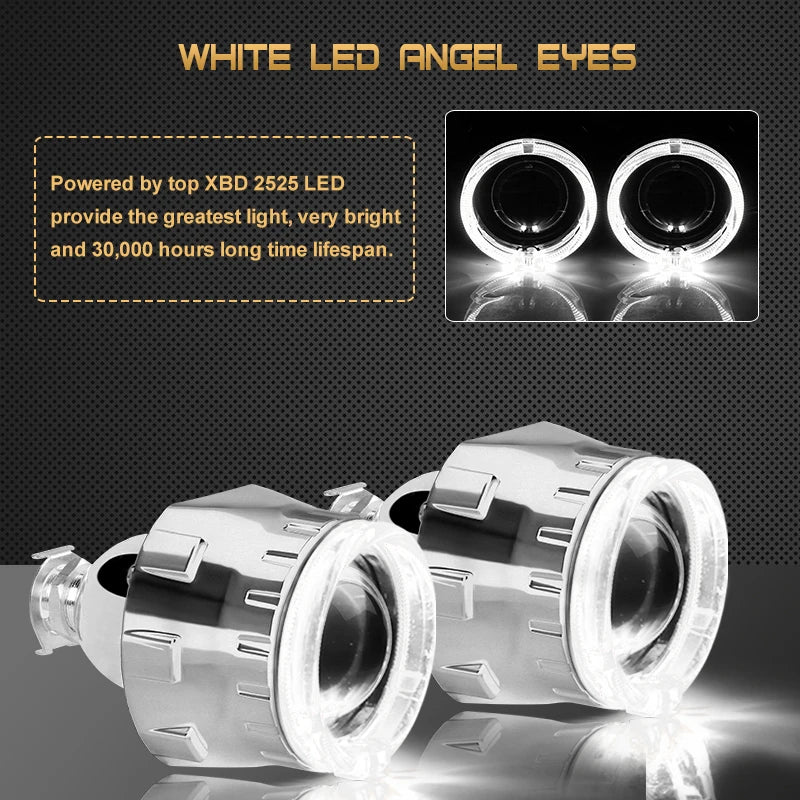 2.5 inch Bi-xenon Lens Optic Fiber Angel Eyes Projector White Halo Ring Headlamp Kit For Auto Car Motorcycle Headlight Retrofit