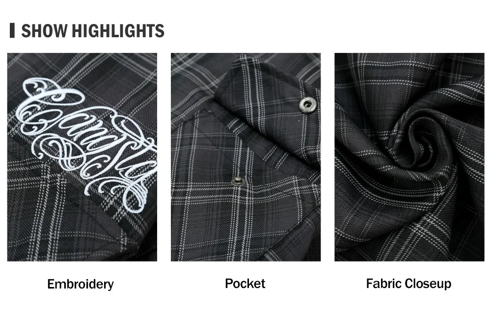 Chicano Safari Short Sleeve Shirt Mens Summer Streetwear Casual Loose Letter Embroidery Lapel Plaid Shirt Man