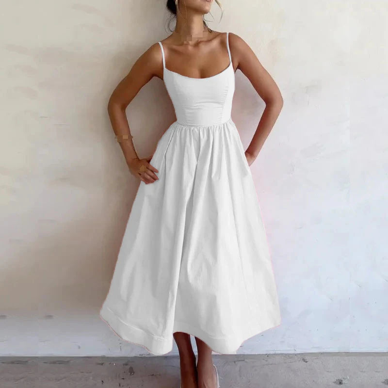 Summer U-neck Casual Female Vintage Elegant  Spaghetti Strap Dress Women Elegant Solid Sleeveless A-line Midi Women's Dresses