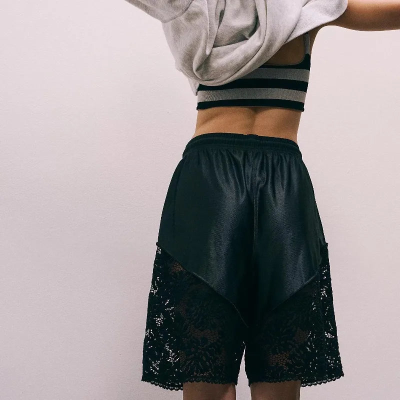 Womens Lace Patchwork Sweat Shorts Casual Summer Loose Mid Length Pants Drawstring Waist Lounge Running Walking Workout Shorts