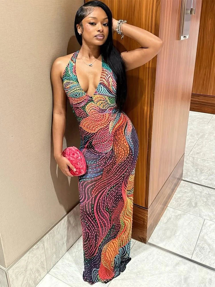 Cutenw Backless Diamond Print Dress Women Trend Split Colorful Halter Sexy Deep V-Neck Elegant Birthday Party Stretch Vestidos