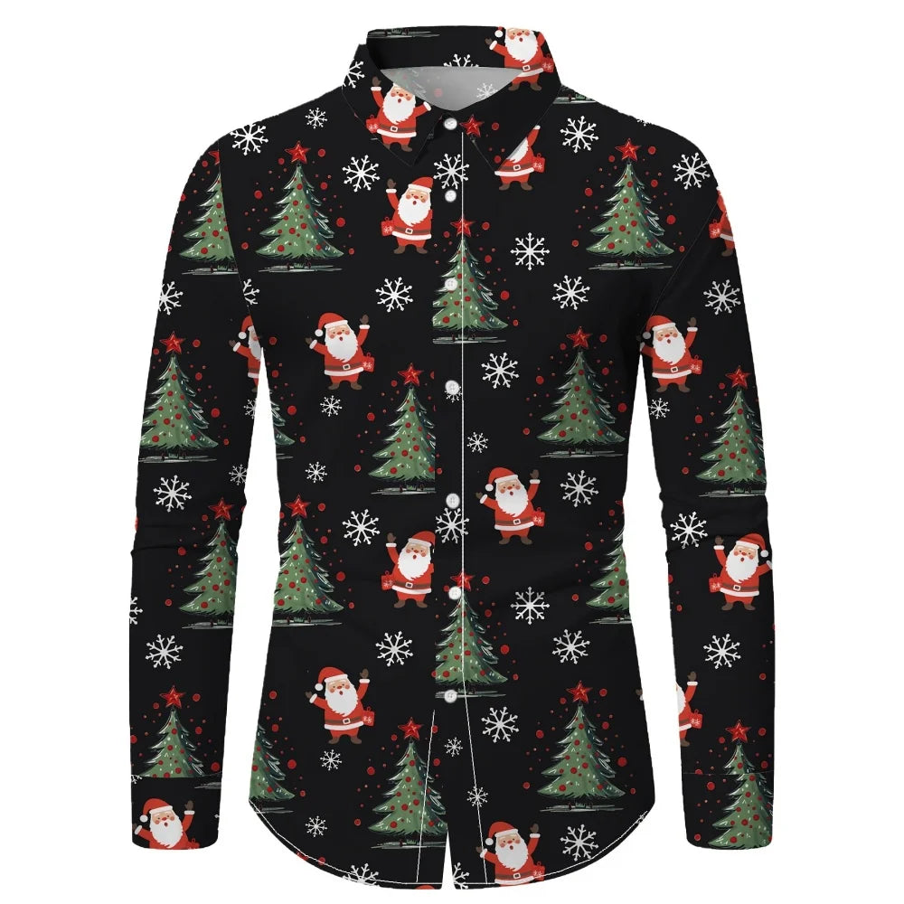 Christmas Festival Theme Men's 3D Printed Formal Shirts Christmas Tree Santa Claus Graphic Long Sleeve Shirt Fashion Men's Shirt