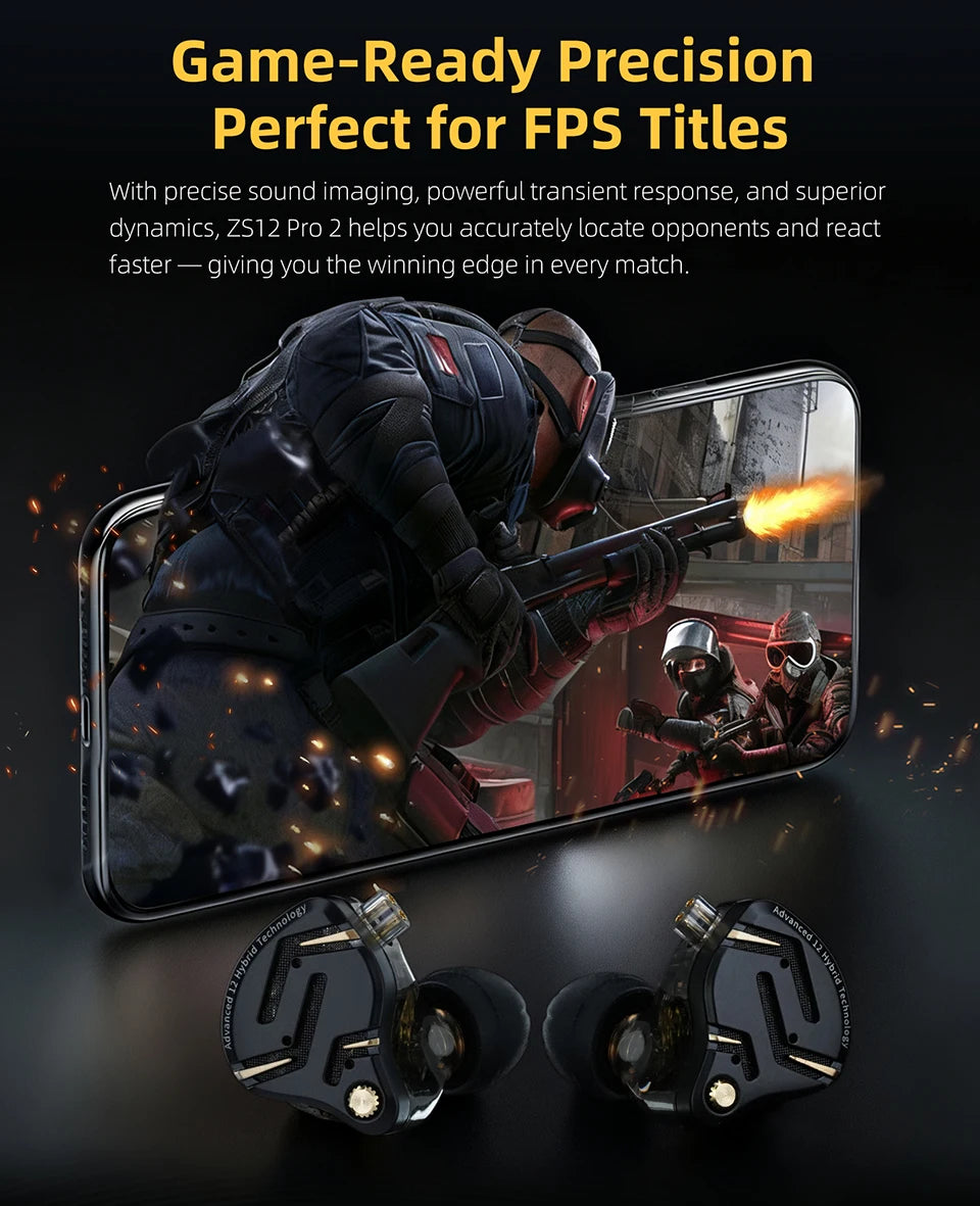 KZ ZS12 PRO 2 1DD + 5BA Hybrid HiFi In Ear Earphones Improved Bass Monitor Headphones Detachable Wire Earbuds Gaming Headest
