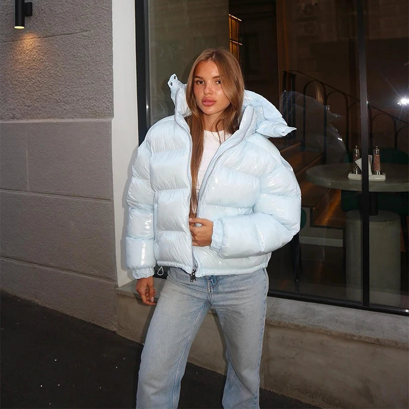 High Street Women's Glossy Zipper Hooded Coats Warm Elastic Waist Pleated Short Cotton Female Jacket 2026 Winter New Lady Outfit