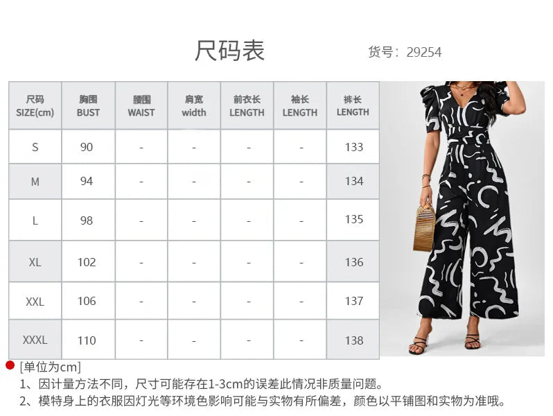 2026 spring new short-sleeved V-neck printed temperament elegant commuter style high waist wide leg jumpsuit