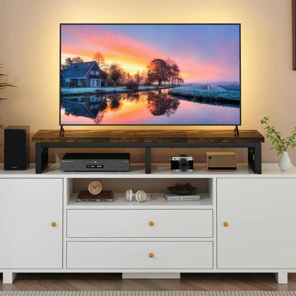 45" Large TV Riser for 32-60 inch TV,Tabletop Short TV Stand with Storage and Steel Legs,Dual Screen Office Desk,Stand R