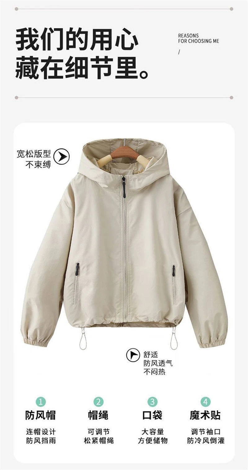 2026 Autumn Women's Coat Hooded Jacket Long Sleeve Zipper Pockets Casual Windbreaker Basic Jackets Outerwear Splicing Hooded E25