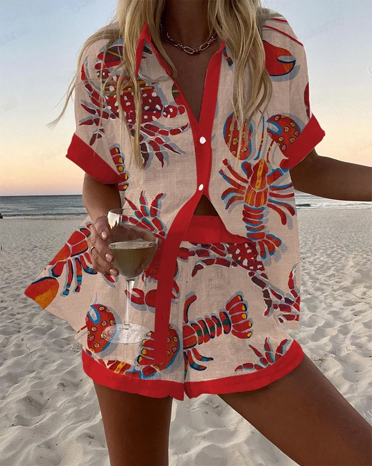 Summer Hot Style Print Beach Holiday 2-Piece Set Women Short Sleeve Shirt Top Wide Legs Short Women's Oversized Two-Piece Sets