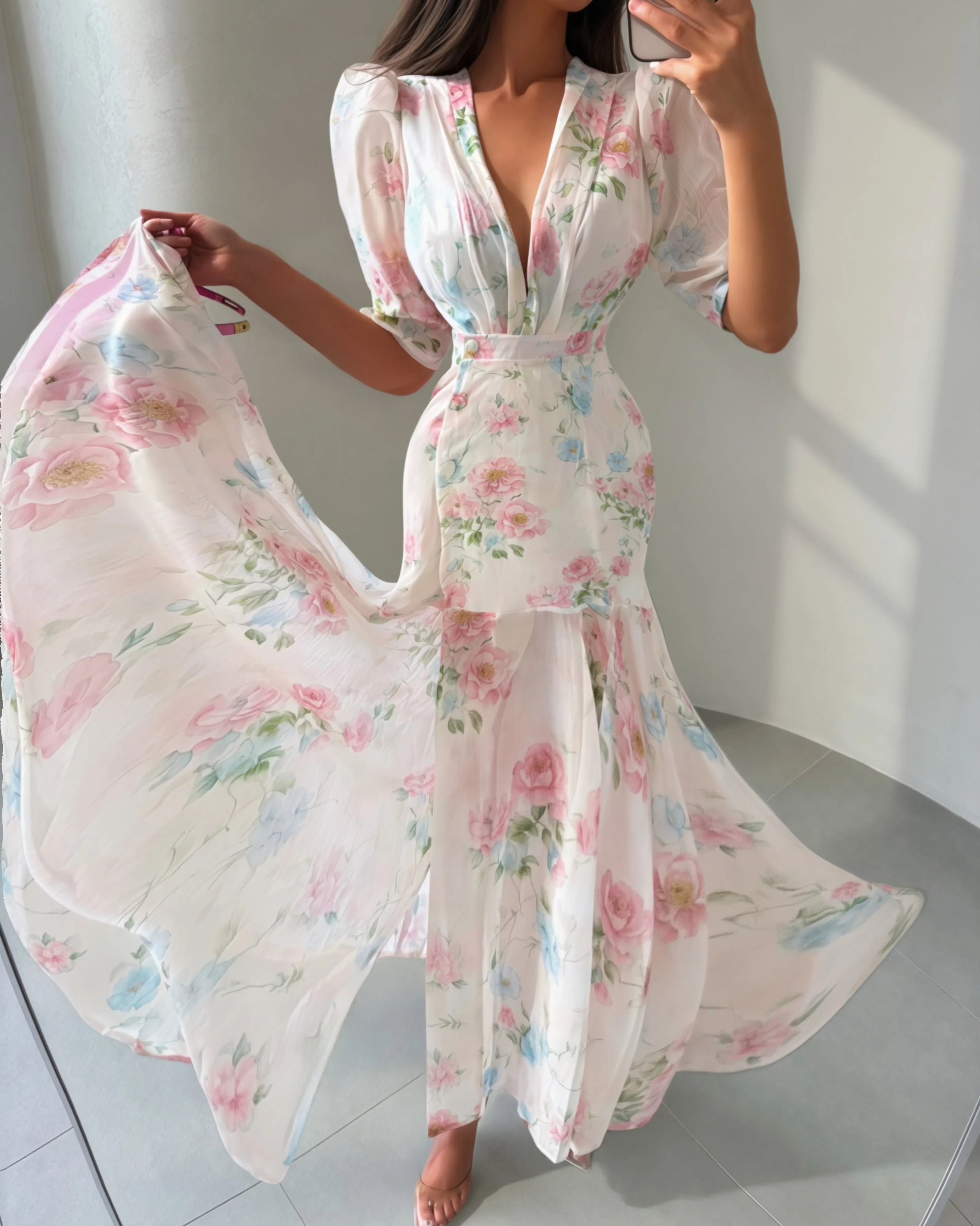 Printed Women's Dress Half Sleeve Round Neck Long Dress Tassel Hem Dress Daily Fashion Outfit Suitable for Date Party 2026