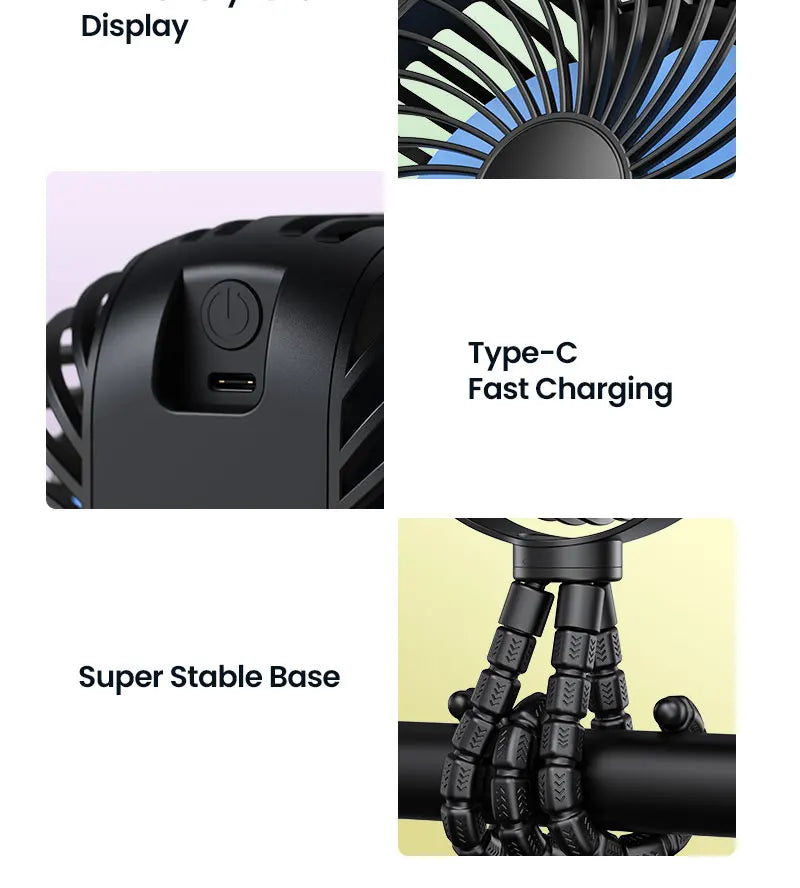 5000mah Stroller Portable Mini Fan USB Rechargeable Outdoor Electric Fan 4 Gear Speed 360°Degree Rotata & Digital Display