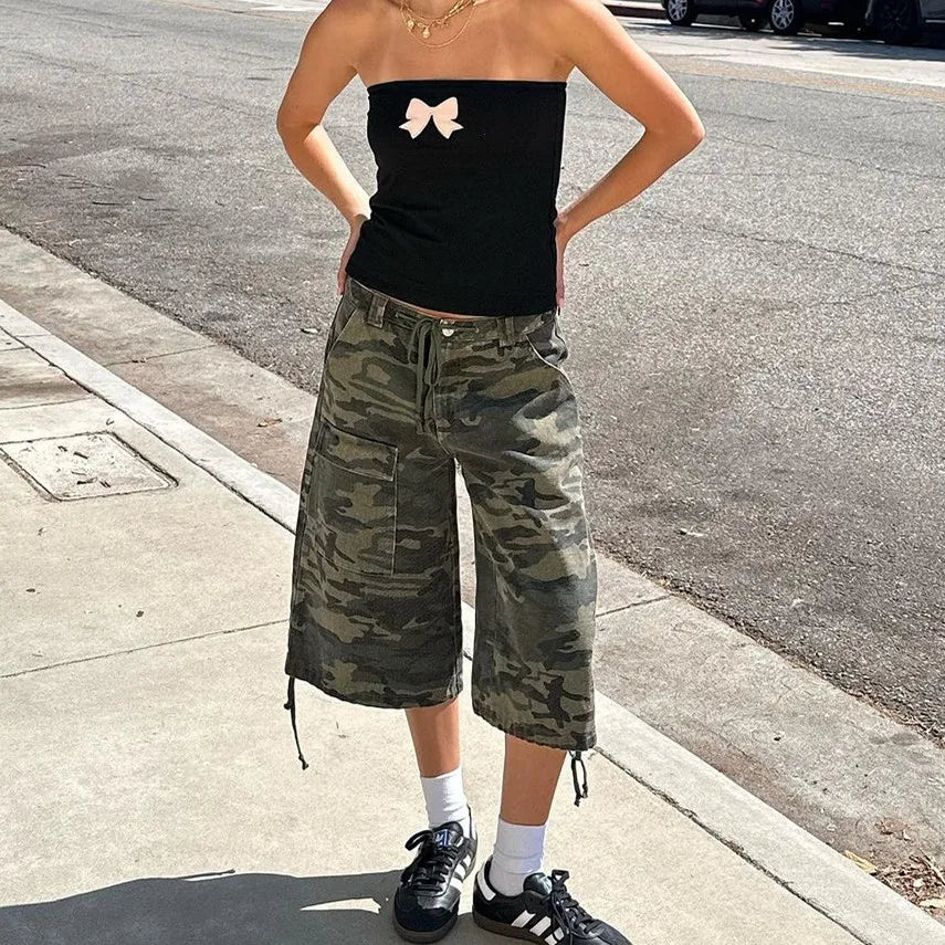 Women Retro Cargo Denim Shorts Vintage Camouflage Print Loose Drawstring Short Pants Y2k Aesthetic Cyber Grunge Streetwear
