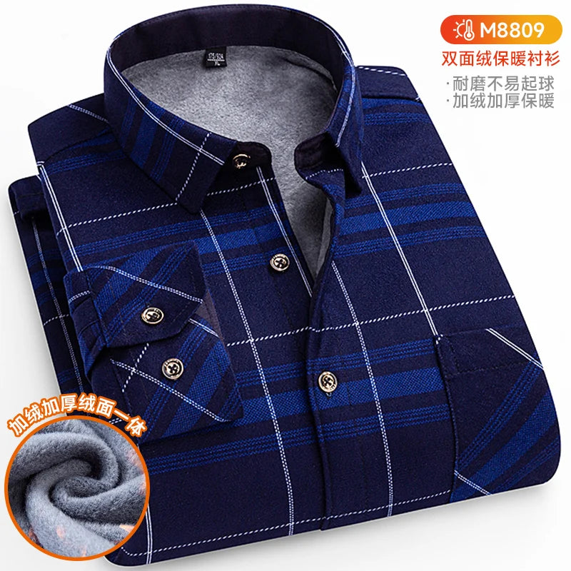 Winter Warm Shirts For Men Regular Fit Thicker Velvet Top Blouse Asia Plus Size Big Plaid Casual Clothing Long Sleeves Shirts