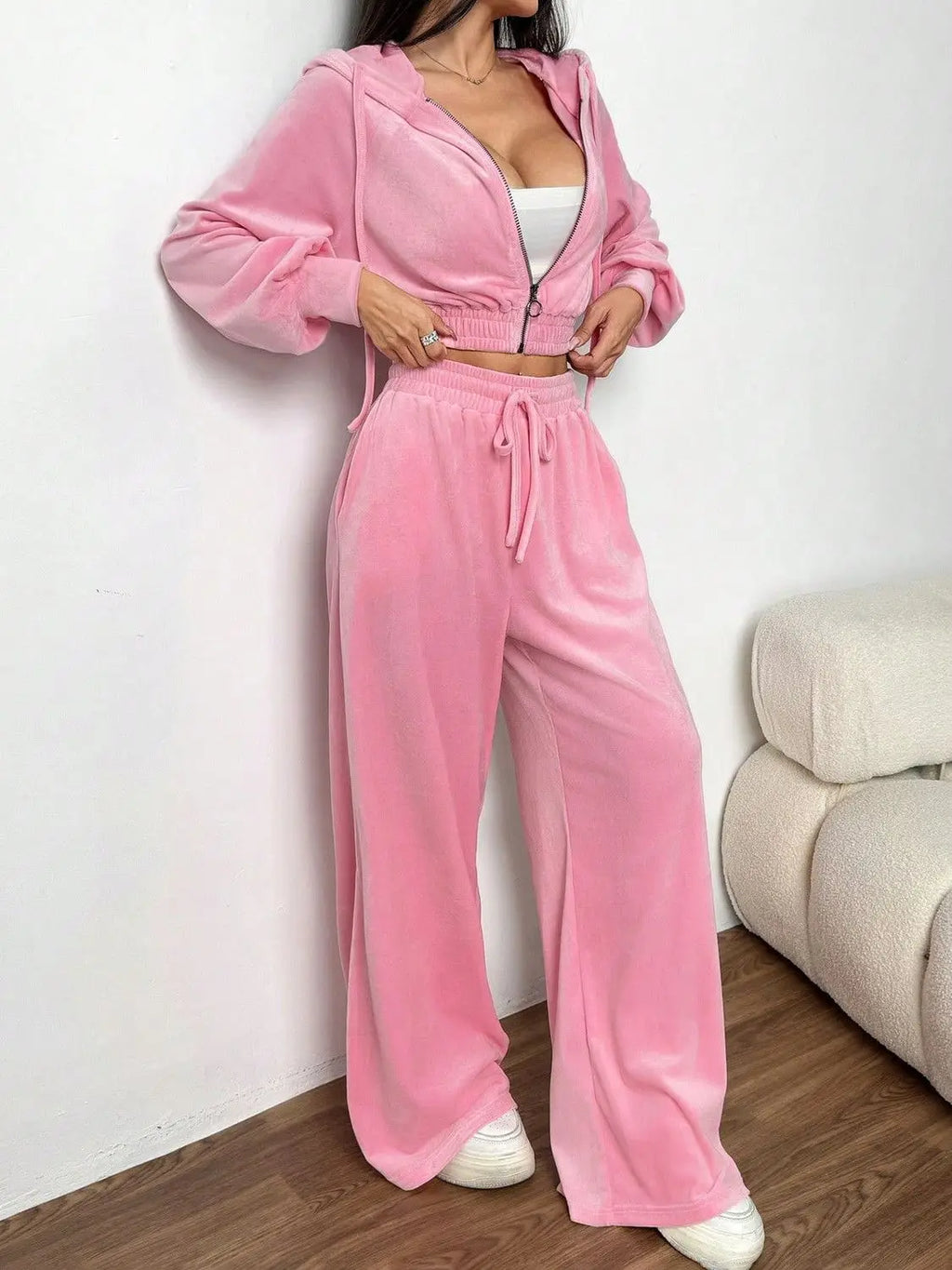 Women's Pink Velvet 2-Piece Activewear Set Zip Cropped Hoodie + Wide Leg Pants Fashionable Casual Waist Slimming Versatile Style