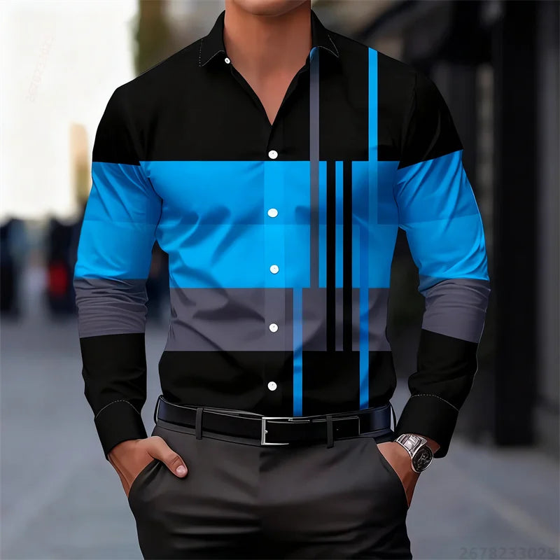 Men's color-blocked striped patchwork long-sleeved shirt, unique geometric pattern slim fit shirt, stylish men's top, XS-6XL.