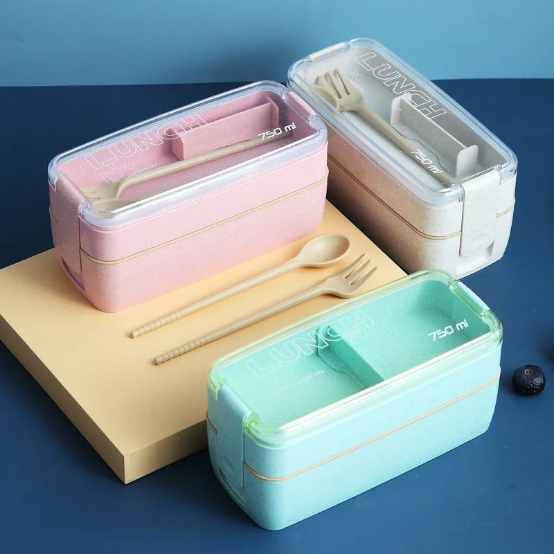 Wheat Straw Lunch Box ，Stackable Bento Box Microwave Dinnerware Food Storage Container with Spoon Fork For Student Work，2 Layer