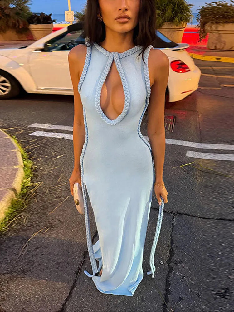 Women Solid Braided Trim Cutout Maxi Dress Sleeveless High Slit Bodycon Fit Gown 2026 Summer Elegant Evening Formal Party Outfit