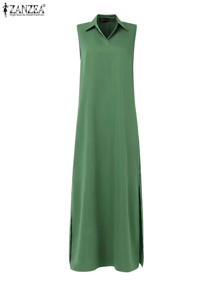 2025 Summer Sleeveless Sundress ZANZEA Women Long Dress Elegant Work OL Dresses Casual Lapel Neck Solid Vestidos Split Hem Robe