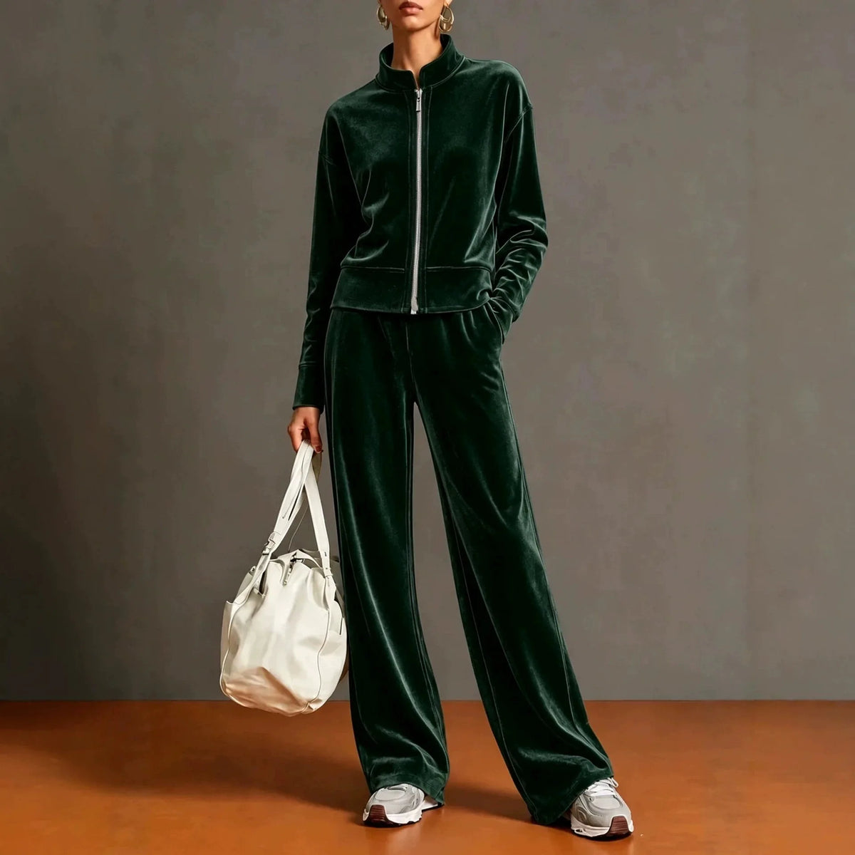 Women Solid Color Velvet 2 Piece Set Stand Collar Full Zip Jacket Wide Leg Pant Casual Sport Matching Outfit Autumn Winter Set