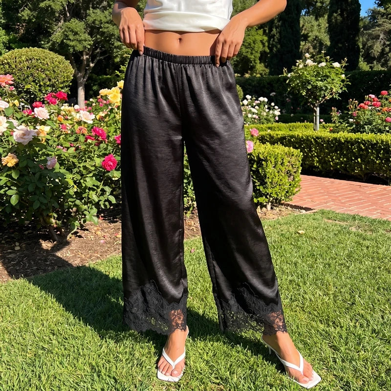 Maemukilabe Women Satin Wide Leg Pants Elastic High Waist Lace Hem Loose Trousers Elegant Vacation Beach Casual Streetwear Pants