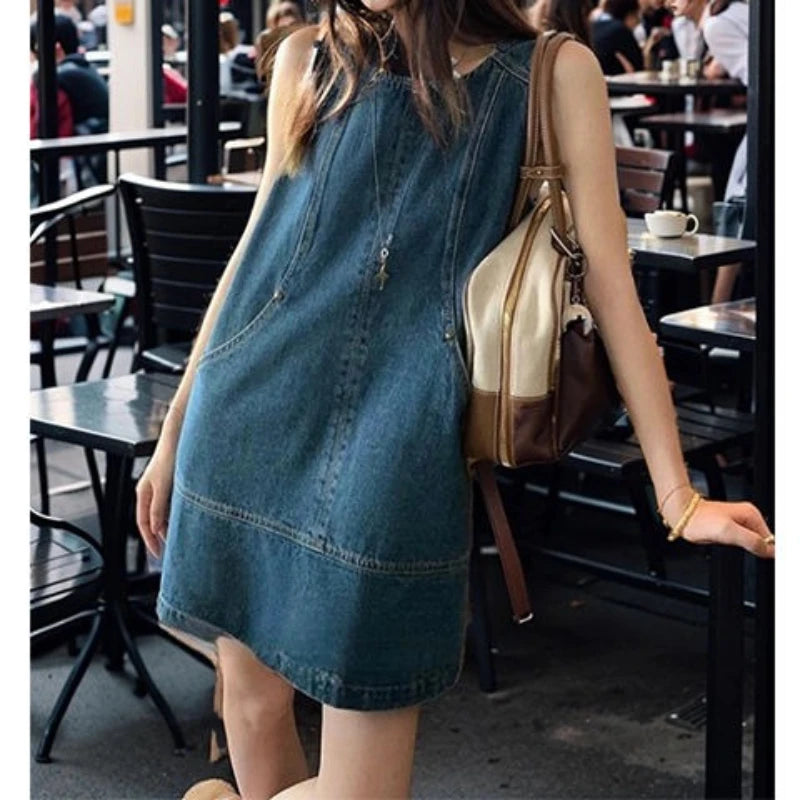 Retro Vest Denim Dress 2025 Summer Fashion Temperament Stitching A Word Street Style Women's Short Skirt