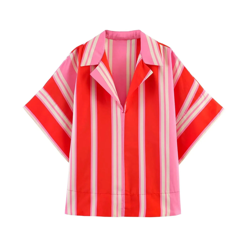 BSAY 2026 Women's Striped 2-Piece Outfit Short Sleeve Shirt Top + Elastic Waist Wide Leg Pants Set Casual Summer Matching Sets