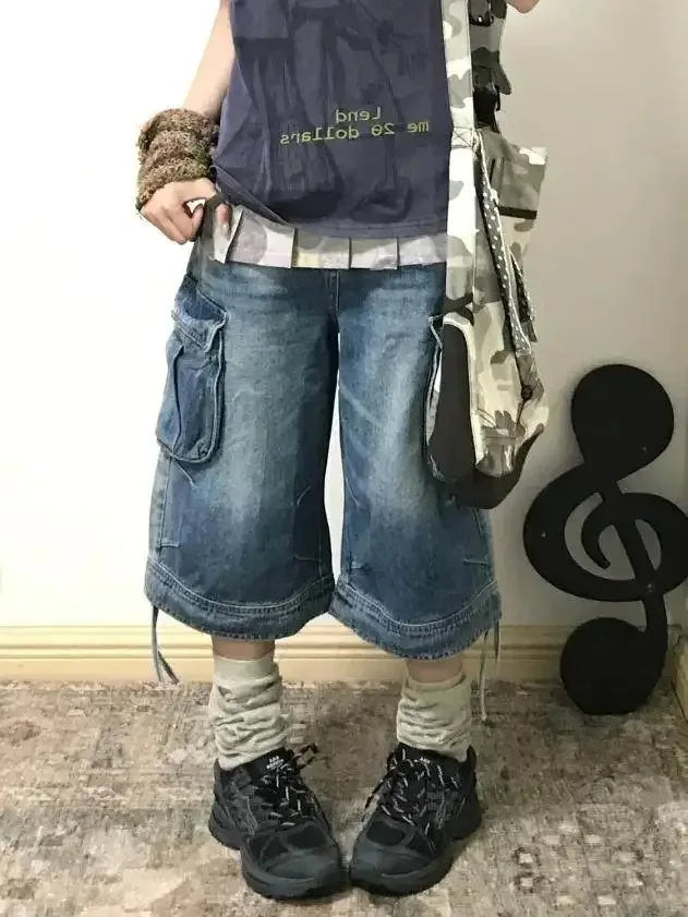 Summer Women American Retro Cargo Jorts Boyfriend Jean Shorts Y2K 2000s Denim Calf-Length Pants Japanese Harajuku High Street