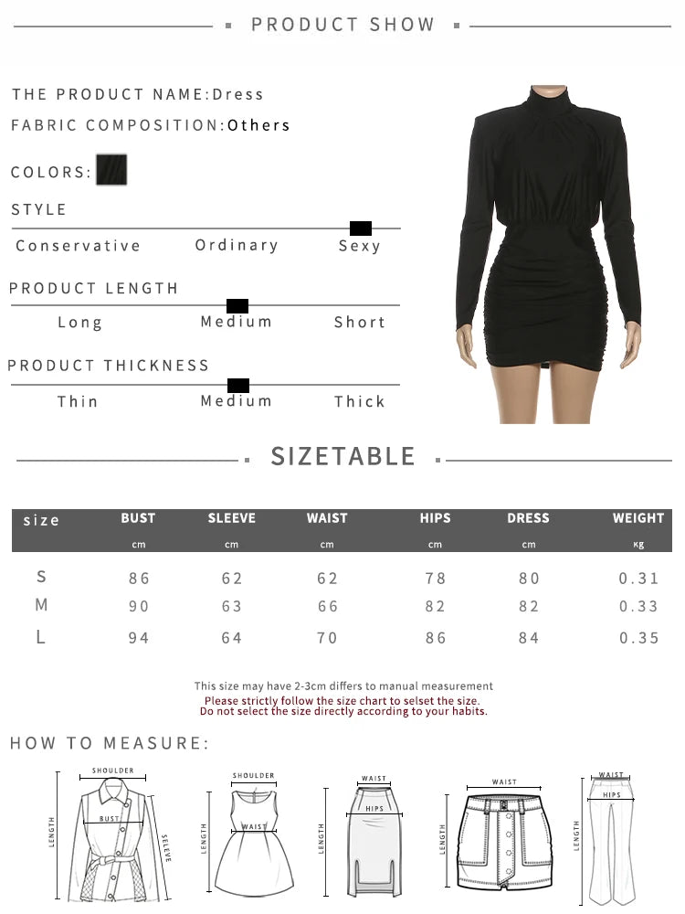 Sisterlinda Elegant Shoulder Padded Dress Women Turtleneck Ruched Sexy Classic Office Commute Simple Peach Hip Slim Mini Bodycon