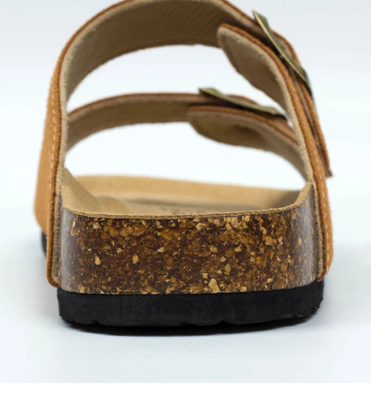 Nubuck Women Cork Slippers Summer Mule Clogs Flats Sandals Slides Casual Beach Couple Double Buckle Soft Shoes Footwear Big Size